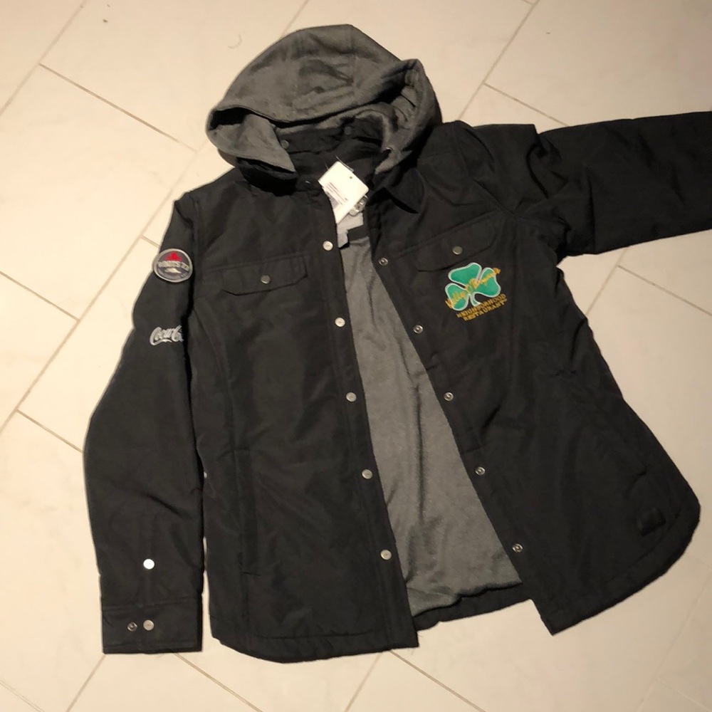 Roots 73 swiftrapids grey button up jacket. Removable hoodie.